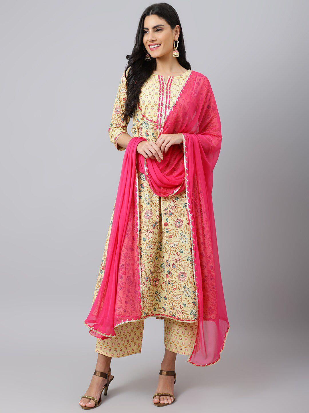 khushal k floral printed a-line pure cotton kurta with palazzos & dupatta