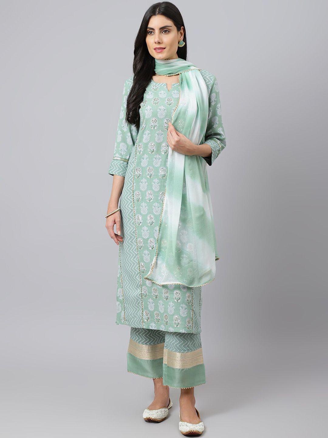 khushal k floral printed notched neck beads and stones kurta with palazzos & dupatta