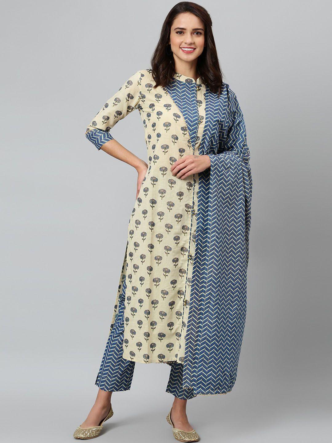 khushal k women beige floral printed regular gotta patti pure cotton kurta with trousers & with dupatta
