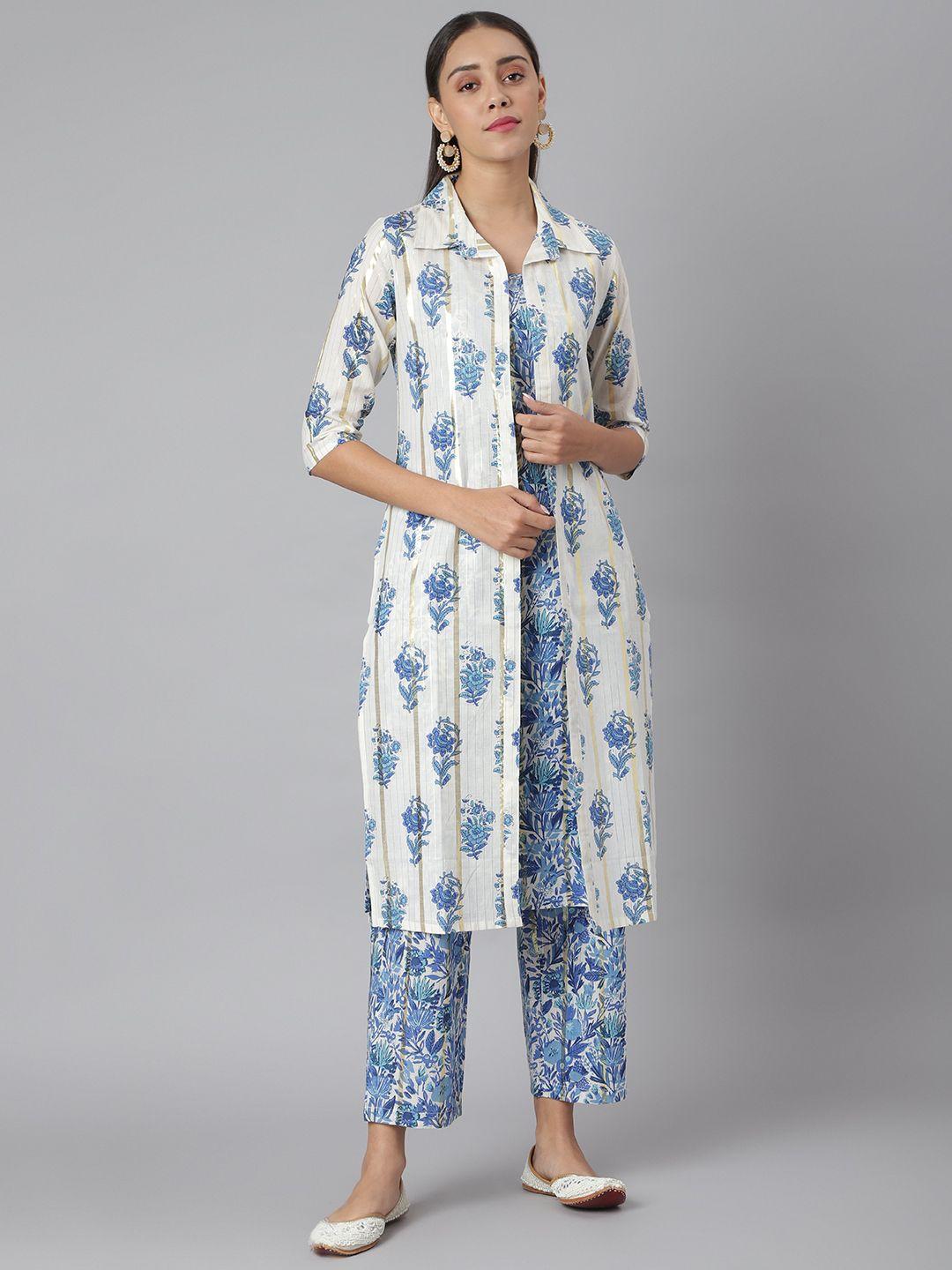 khushal k women blue & white printed kurta with palazzos & jacket