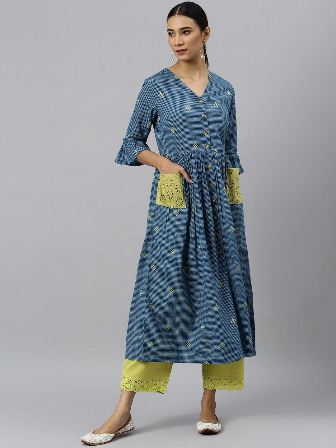 khushal k women blue geometric striped flared sleeves anarkali kurta