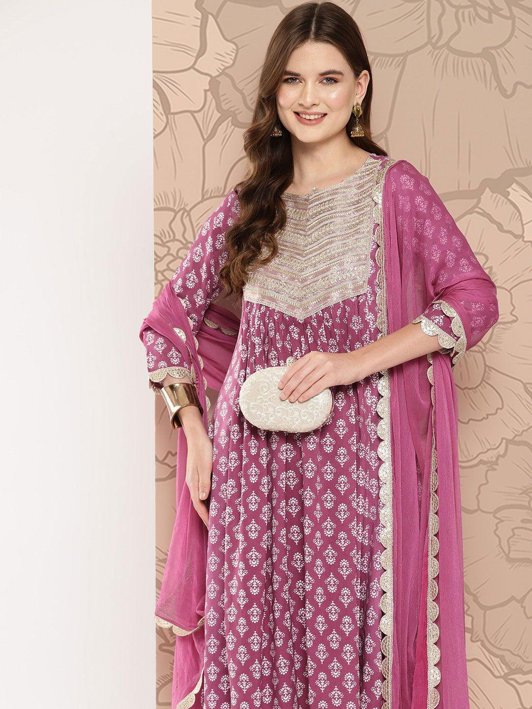 khushal k women ethnic motifs printed empire sequinned kurta with palazzos & with dupatta