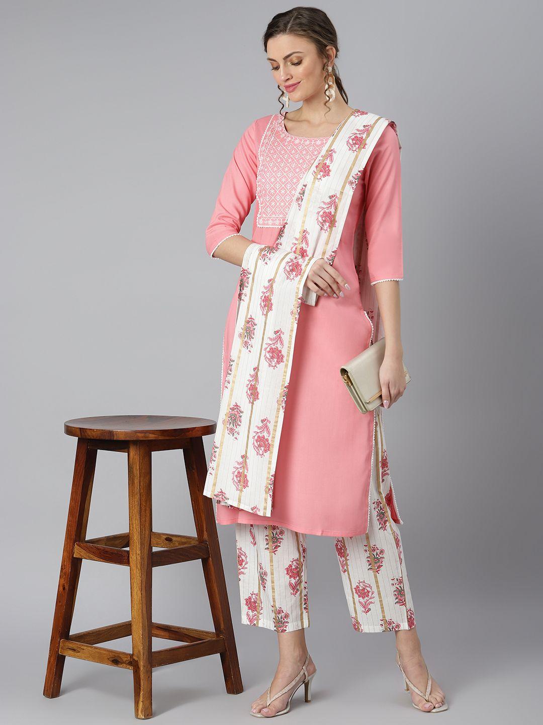 khushal k women floral embroidered thread work kurta with palazzos & dupatta