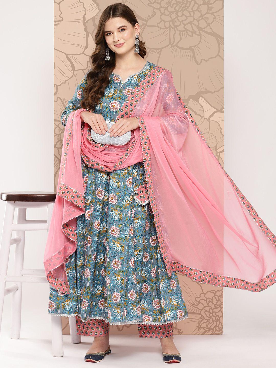 khushal k women floral printed gotta patti pure cotton kurta with palazzos & with dupatta