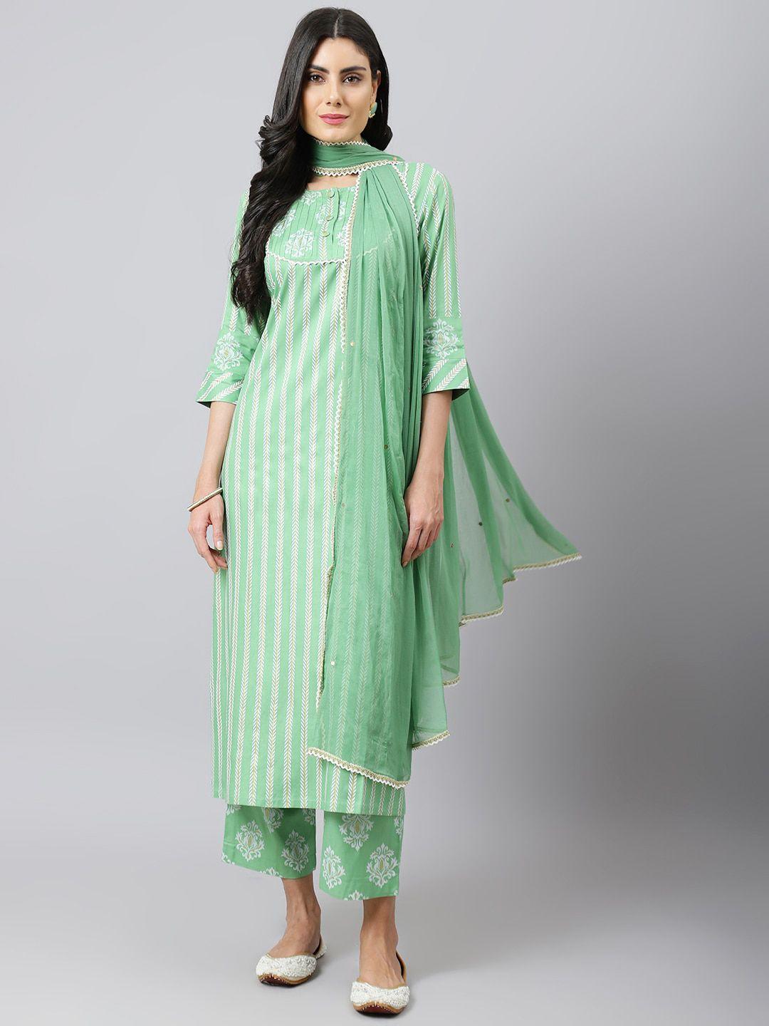 khushal k women green floral printed mirror work kurta with palazzos & with dupatta