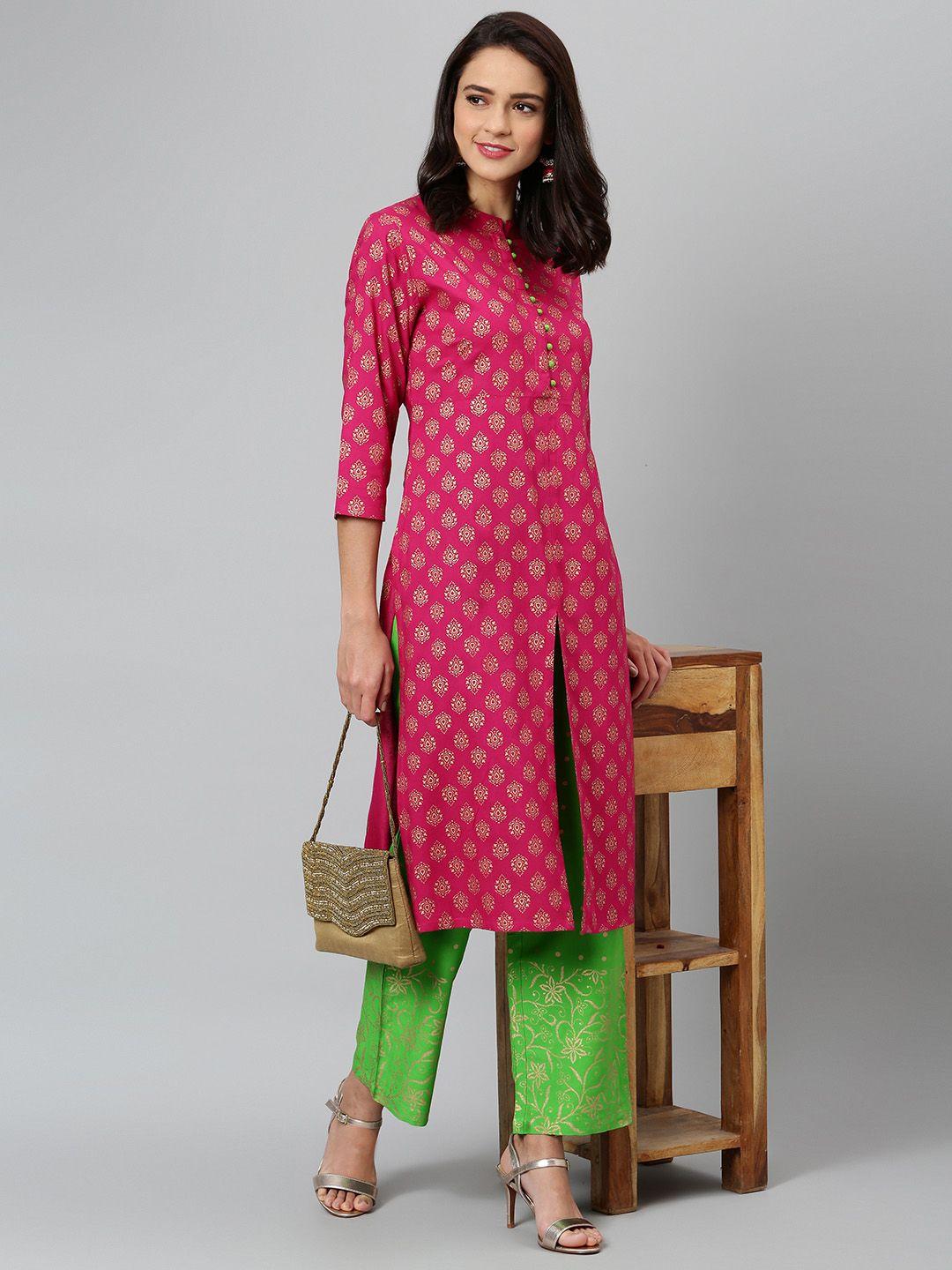 khushal k women pink & green printed kurta with palazzos