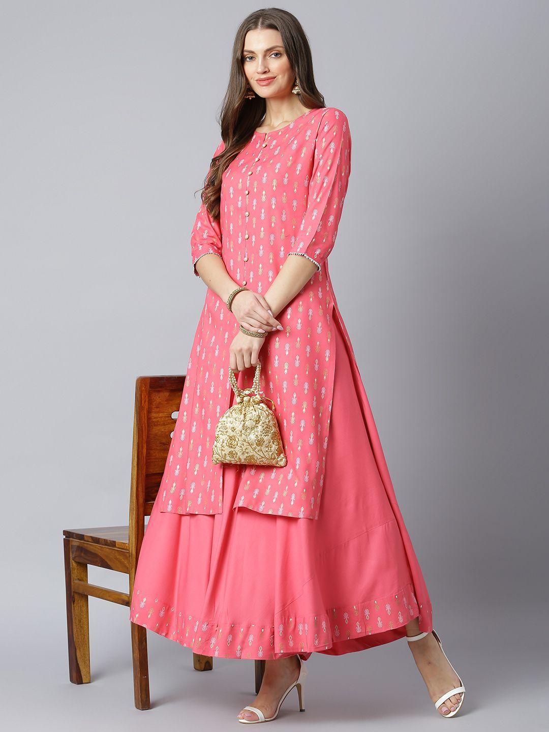 khushal k women pink & white printed kurta with solid flared maxi skirt