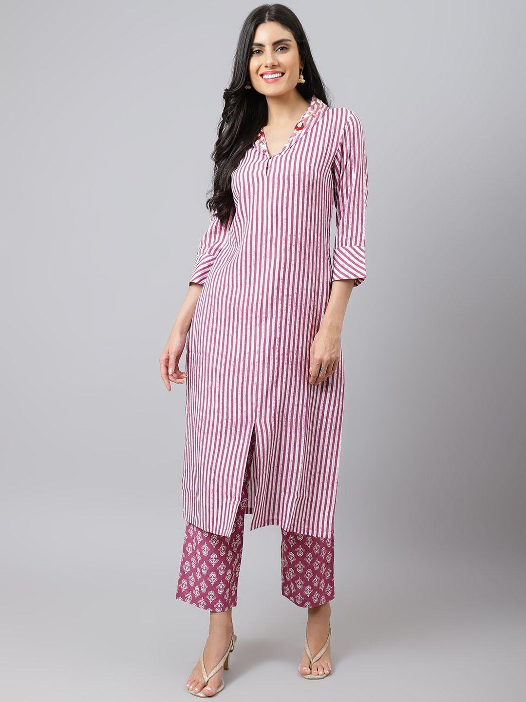 khushal k women pink ethnic motifs striped thread work kurta with palazzos