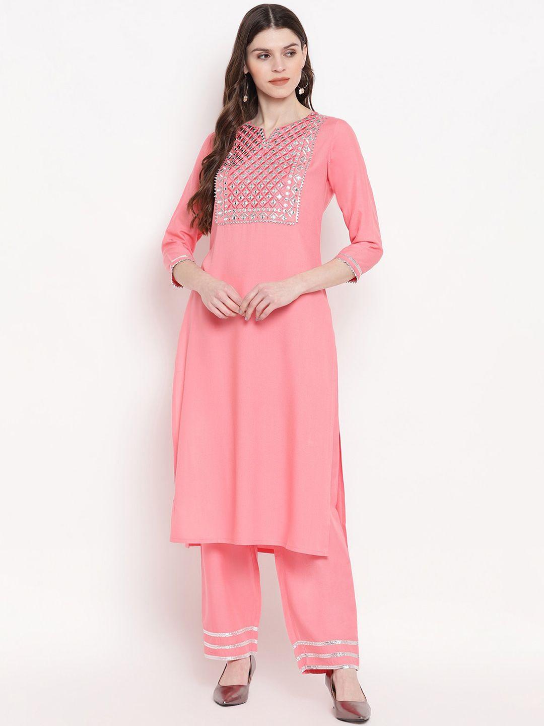 khushal k women pink yoke design embroirdered kurta with trousers