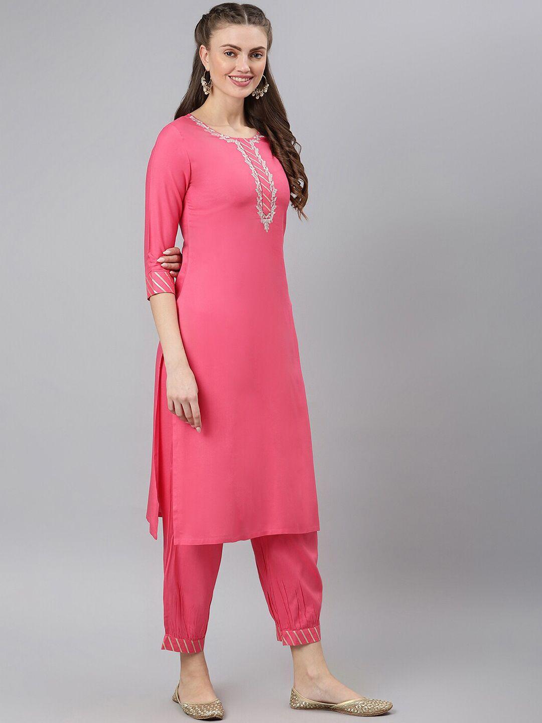 khushal k women pink yoke design kurti with trouser & dupatta