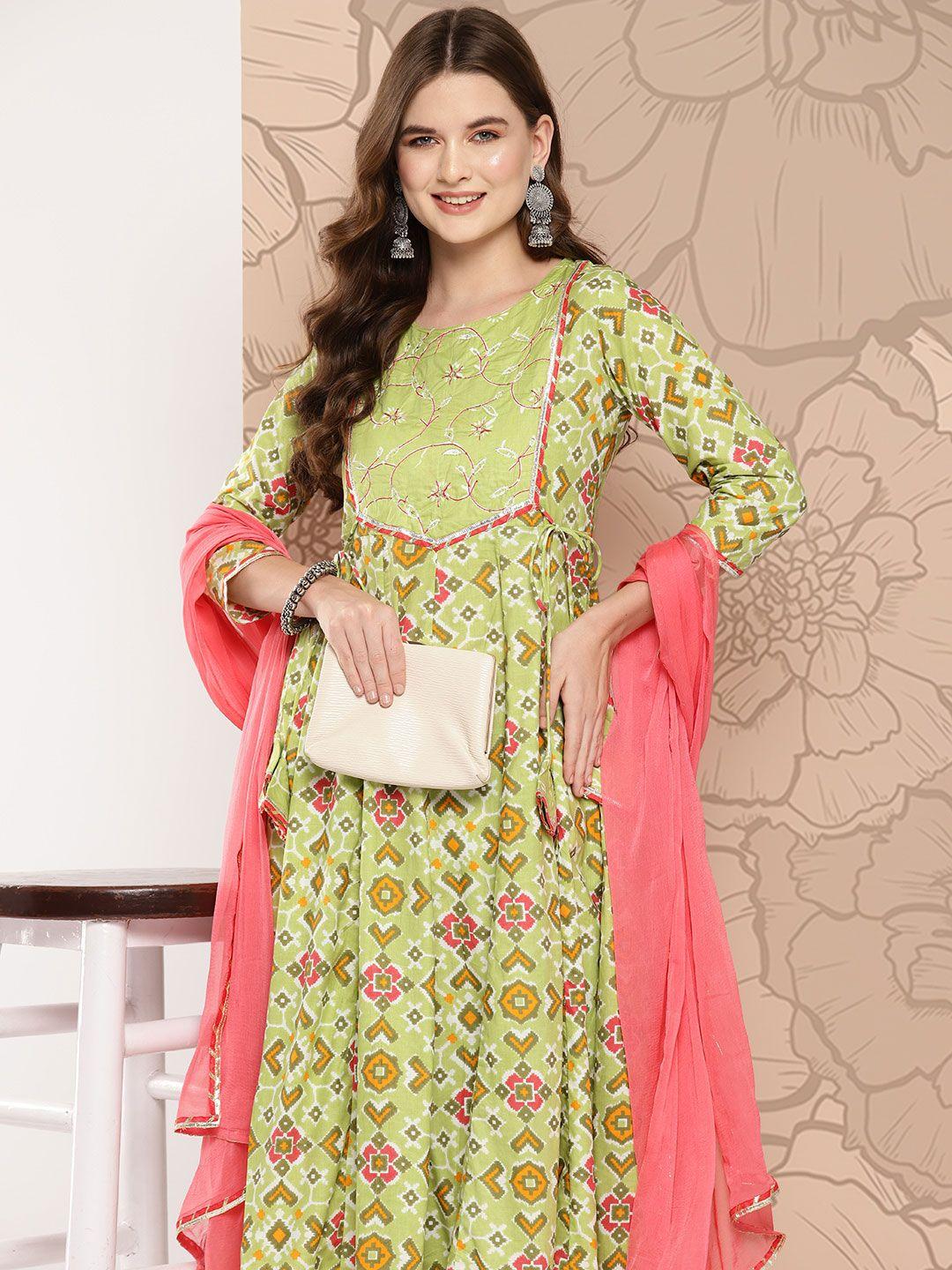 khushal k women printed empire gotta patti pure cotton kurta with palazzos & with dupatta