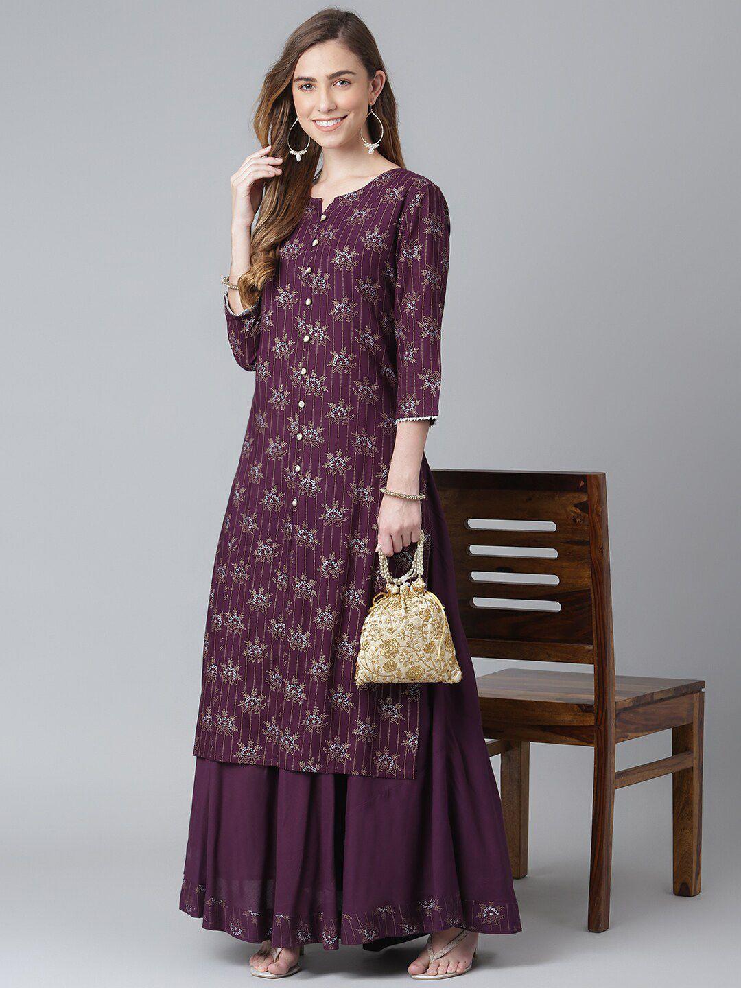 khushal k women purple ethnic motifs printed kurta with skirt