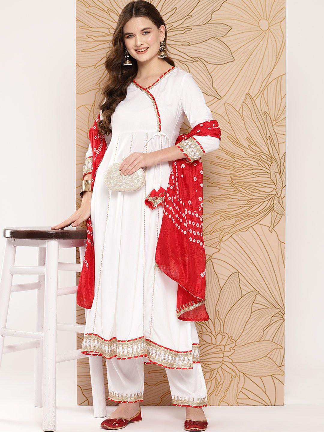 khushal k women striped angrakha gotta patti kurta with palazzos & with dupatta