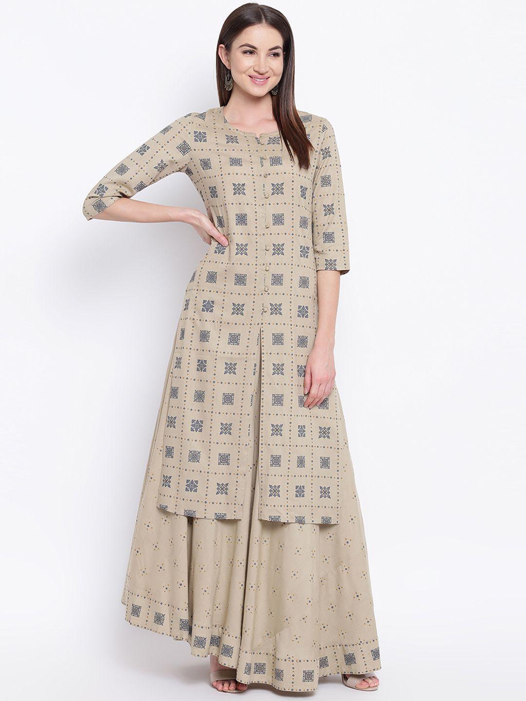 khushal k women taupe printed kurta with skirt