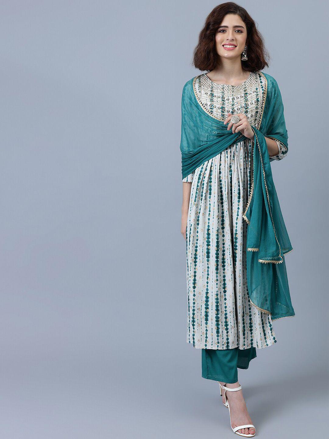 khushal k women turquoise blue dyed regular thread work kurta with palazzos & with dupatta