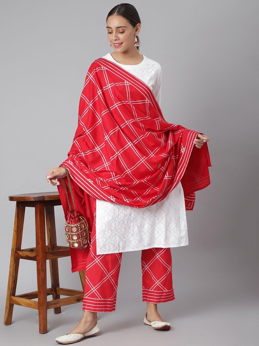 khushal k women white & red printed kurta with palazzos & dupatta