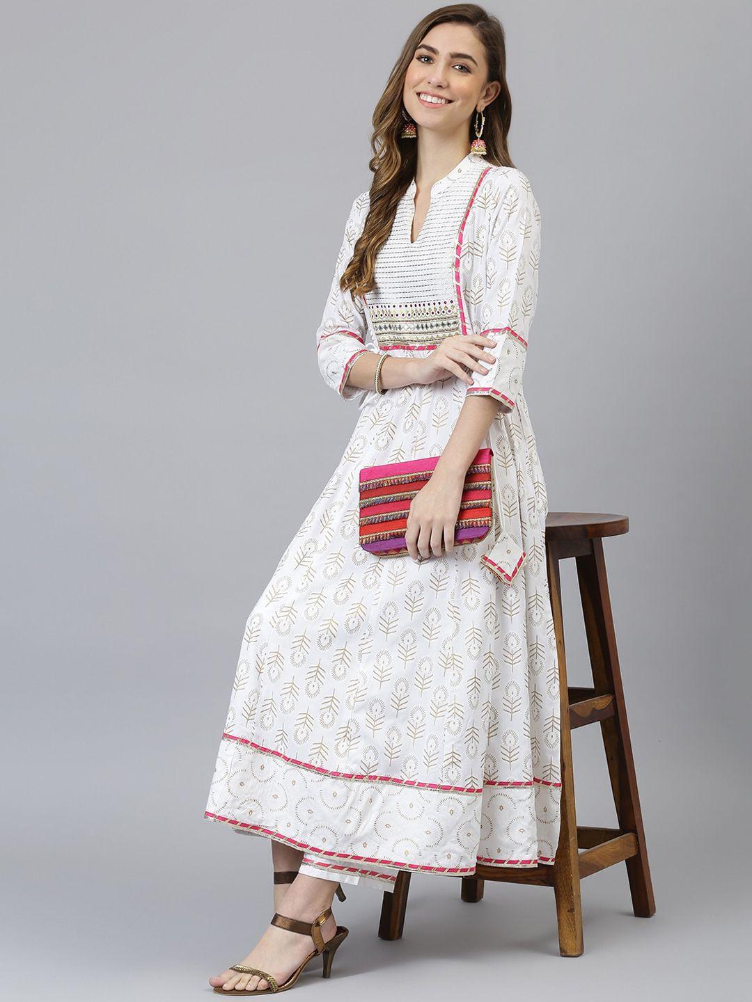 khushal k women white printed empire design anarkali kurta