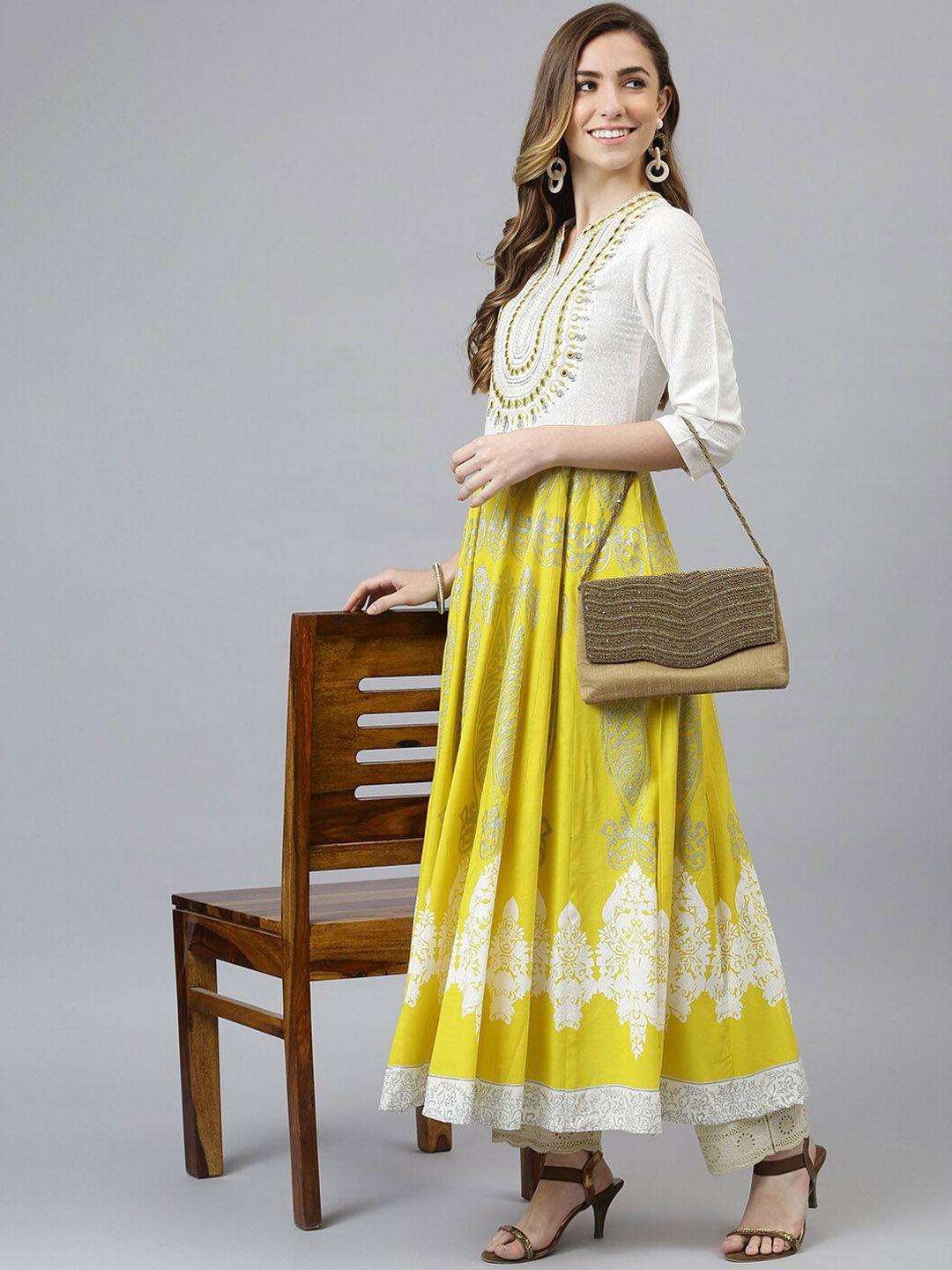 khushal k women yellow & off white ethnic motifs printed mirror work anarkali kurta