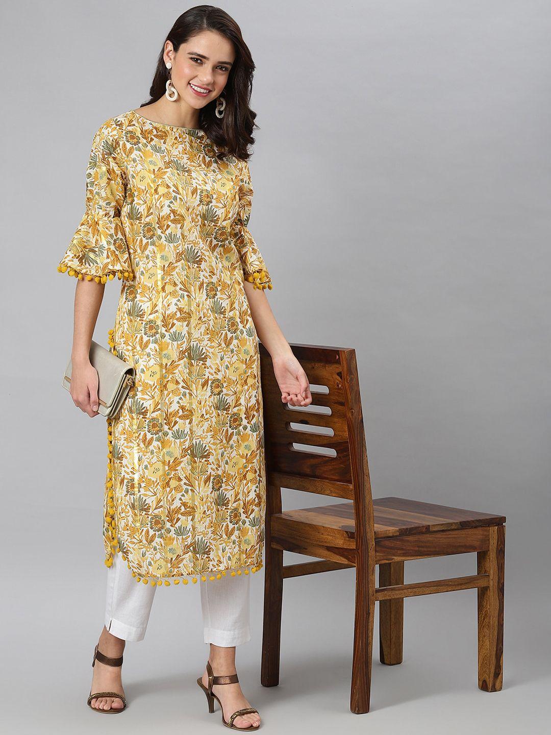 khushal k women yellow floral printed flared sleeves kurta