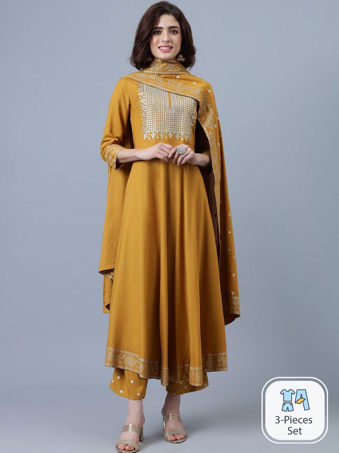 khushal k yoke design sequinned anarkali kurta with trousers & dupatta