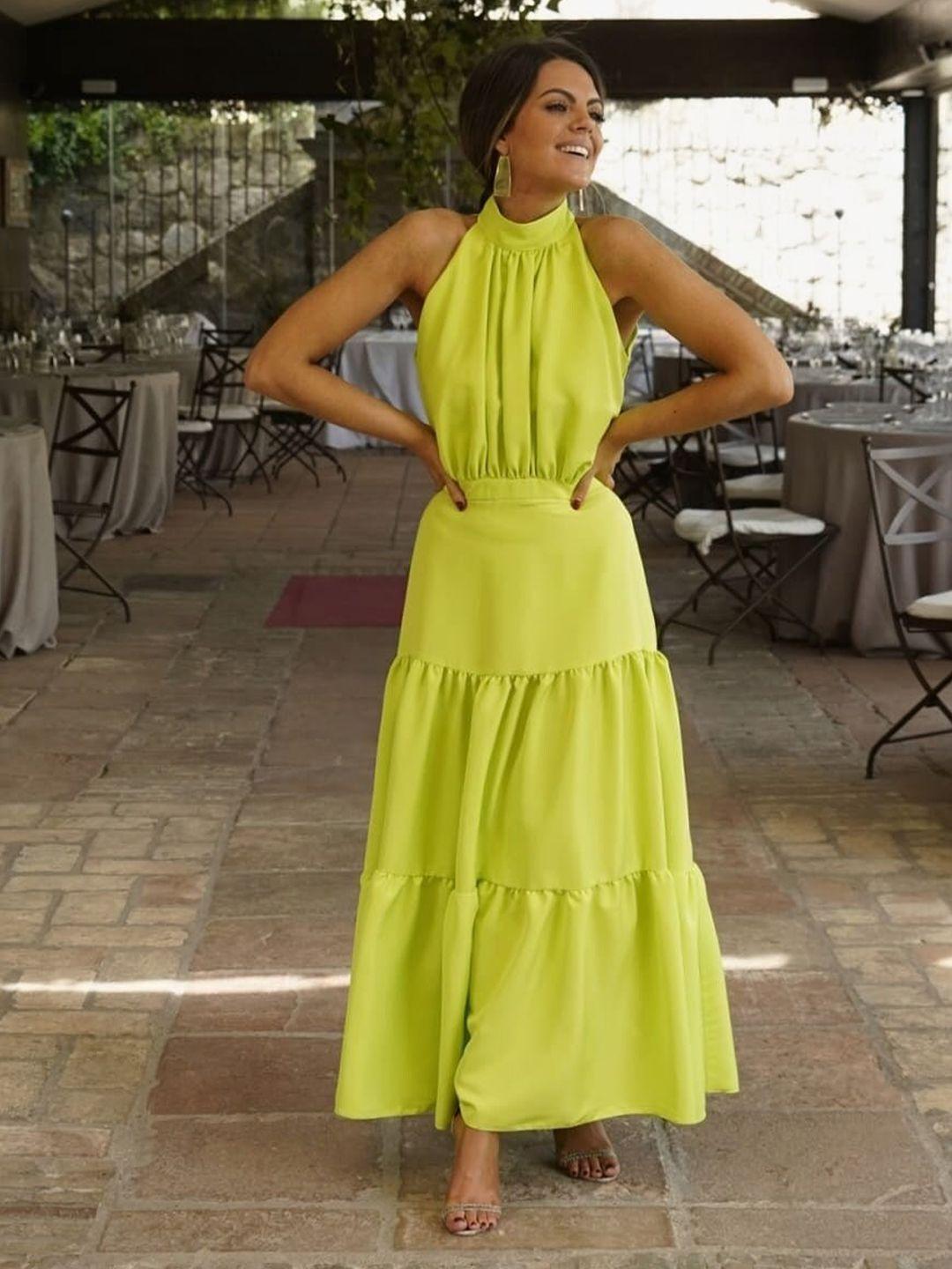 khushboo and pankaj women lime green choker neck a-line maxi dress