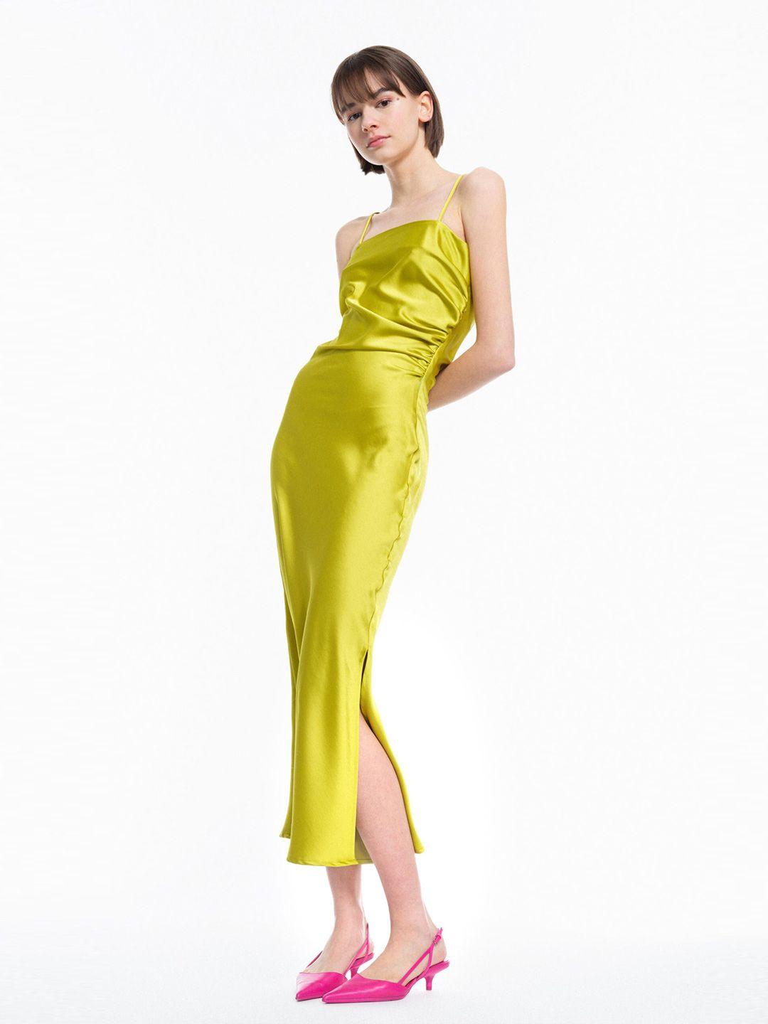 khushboo and pankaj women lime green satin maxi dress