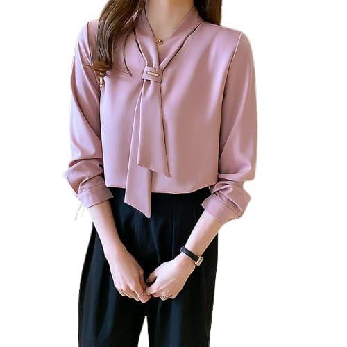 khushi enterprises american crepe women blouse and tops office long sleeve women shirts with tie v neck loose female clothing (medium, peach-01)