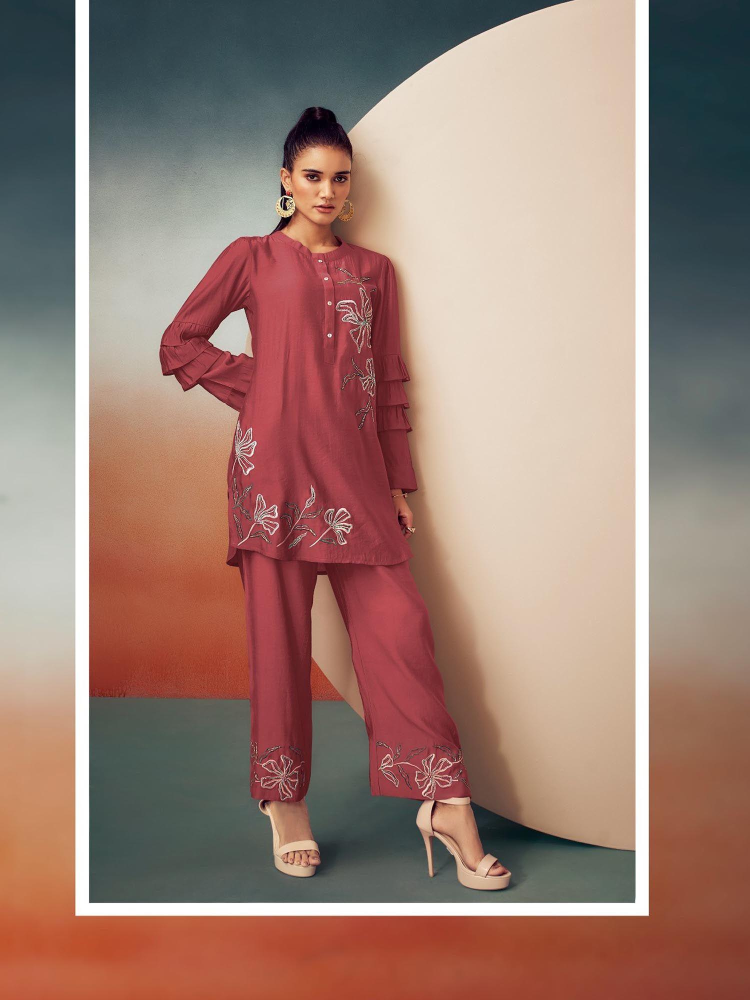 kiaa hibiscus red embroidered thread ruffle tier sleeves tunic with pant (set of 2)