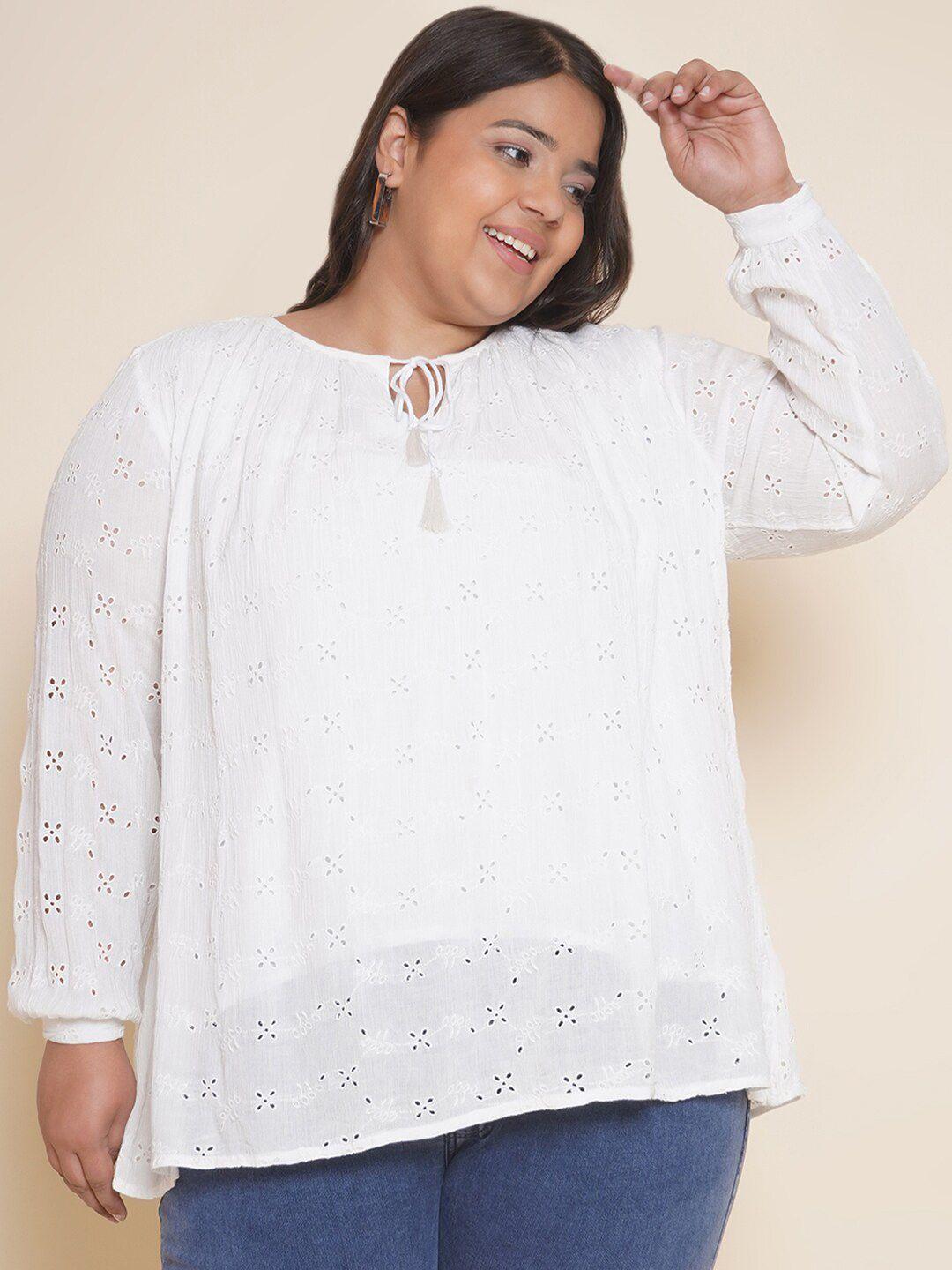 kiaahvi by john pride white tie-up neck puff sleeve cotton top