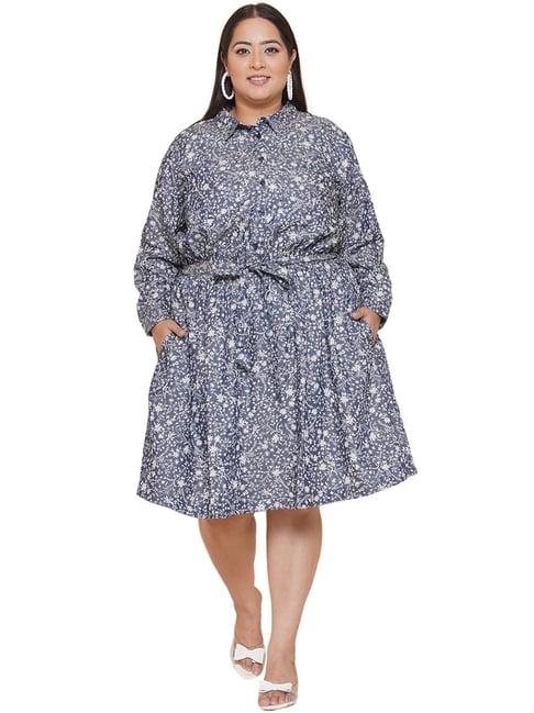 kiaahvi plus size blue cotton tropical print shirt dress
