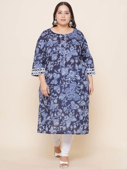 kiaahvi plus size blue pure cotton floral straight kurta