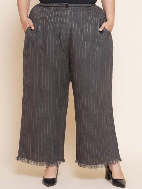 kiaahvi plus size grey linen striped relaxed fit mid rise trousers