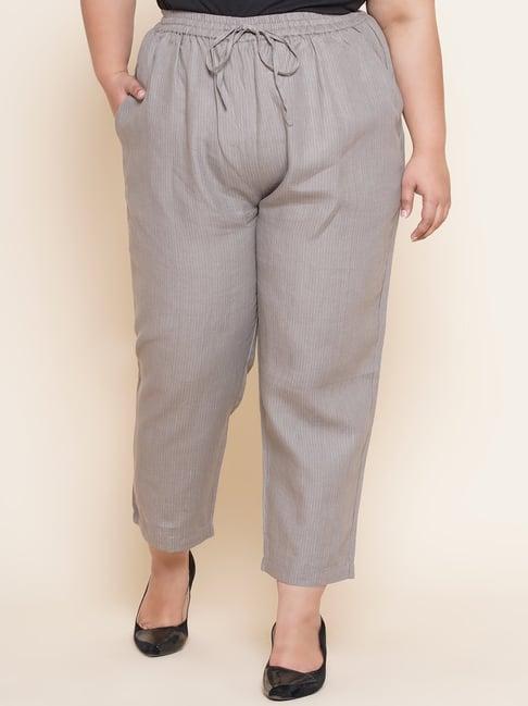 kiaahvi plus size grey linen striped relaxed fit mid rise trousers