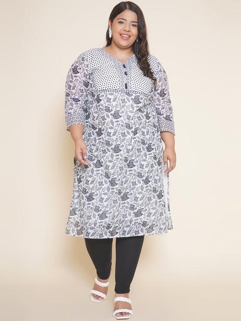 kiaahvi plus size white & blue cotton floral straight kurta