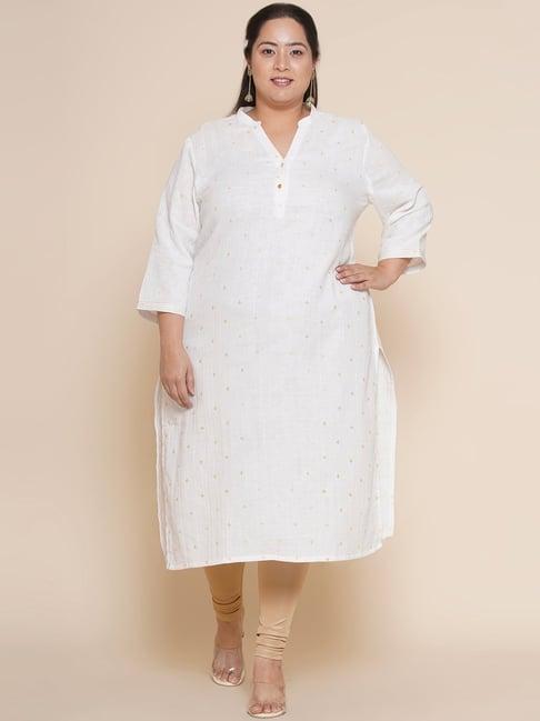 kiaahvi plus size white pure cotton printed straight kurta