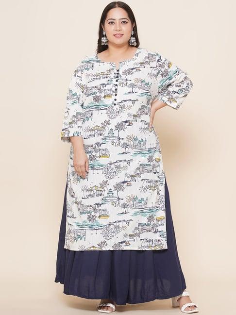 kiaahvi plus size white pure cotton printed straight kurta