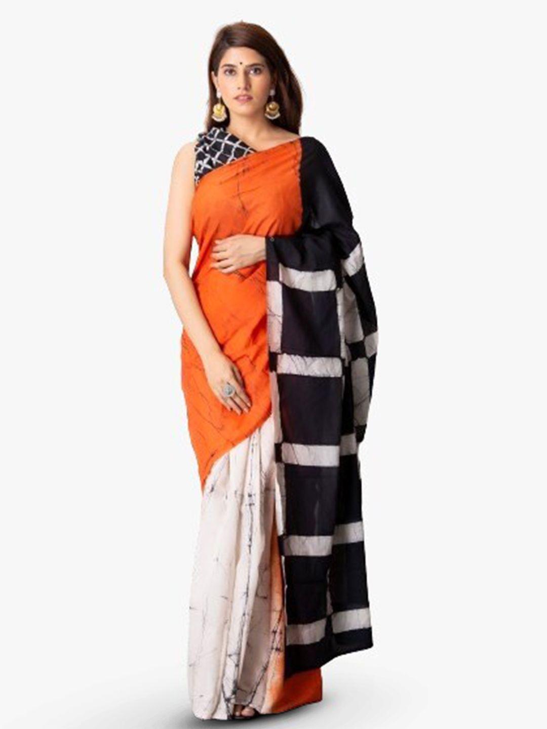kiaaron orange & white colourblocked pure cotton block print saree