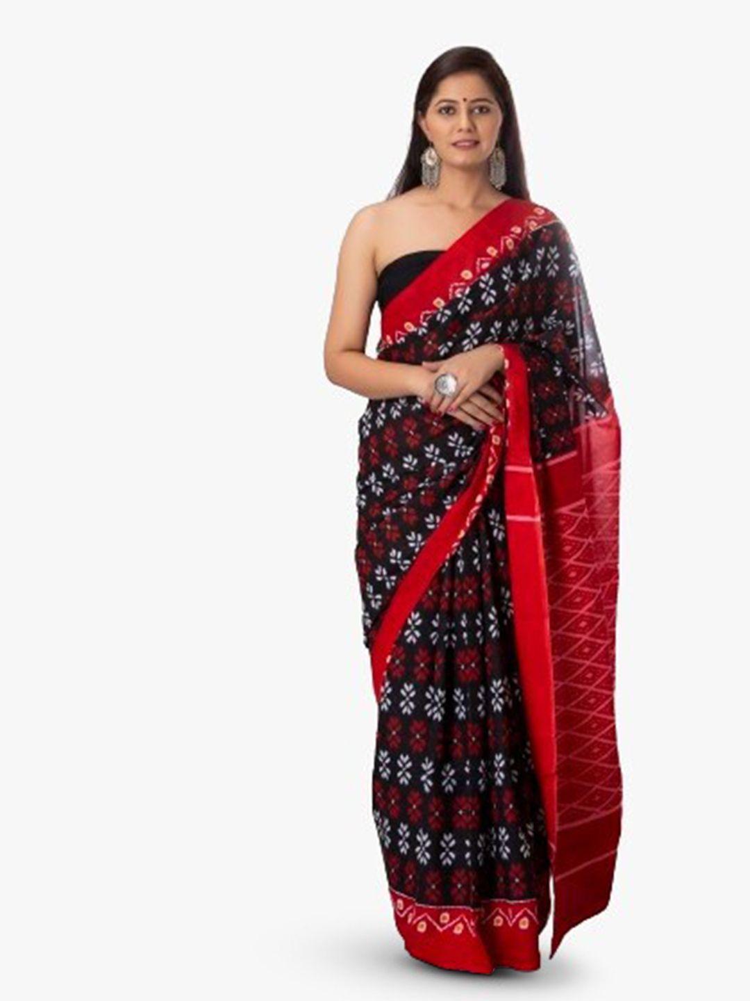 kiaaron black & red ethnic motifs pure cotton block print saree