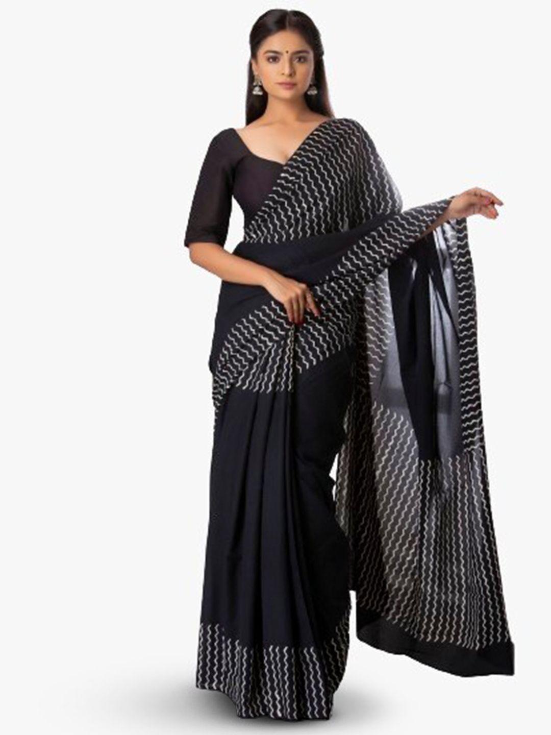 kiaaron black & white pure cotton block print saree