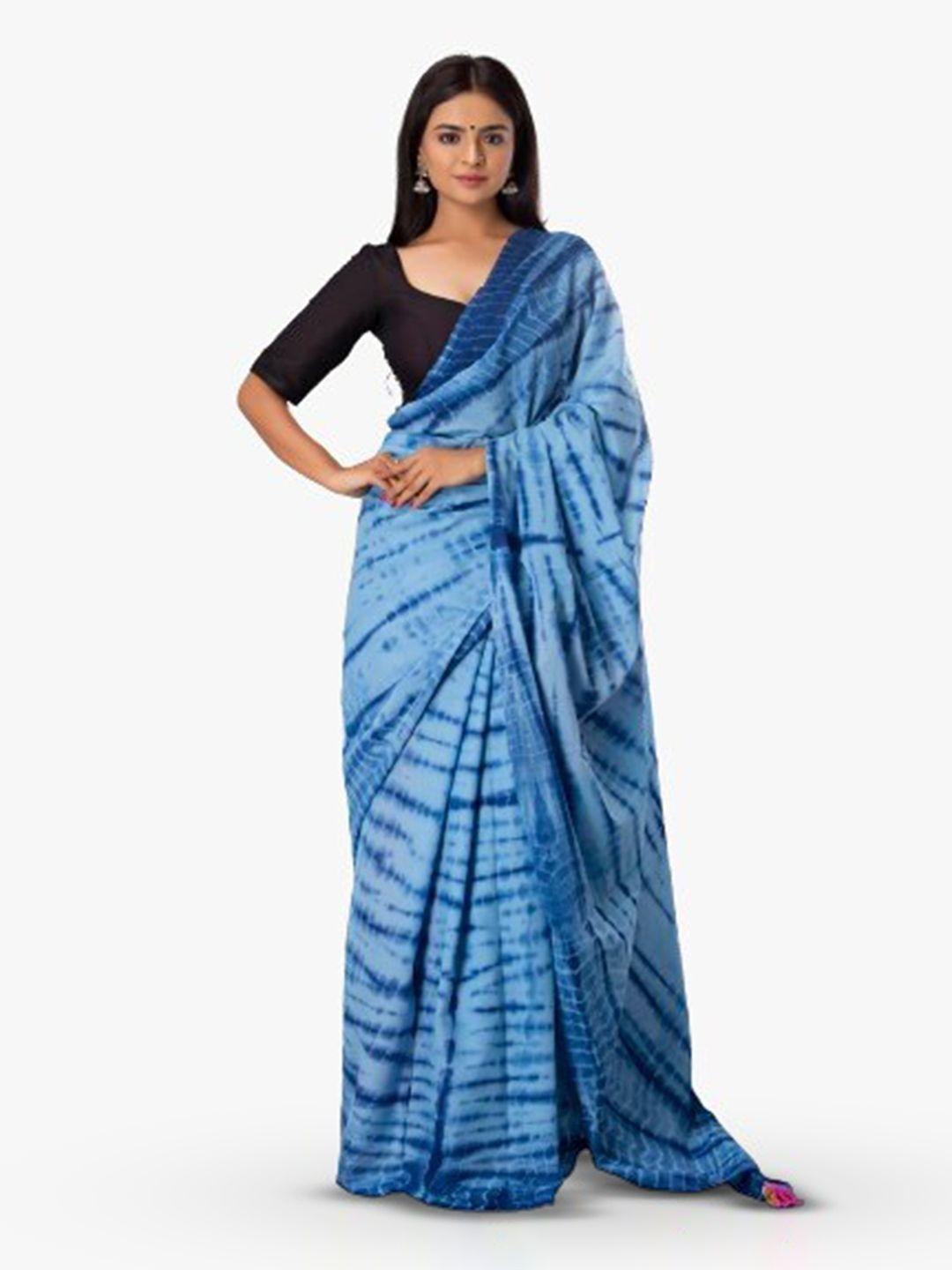 kiaaron blue & navy blue ombre pure cotton block print saree