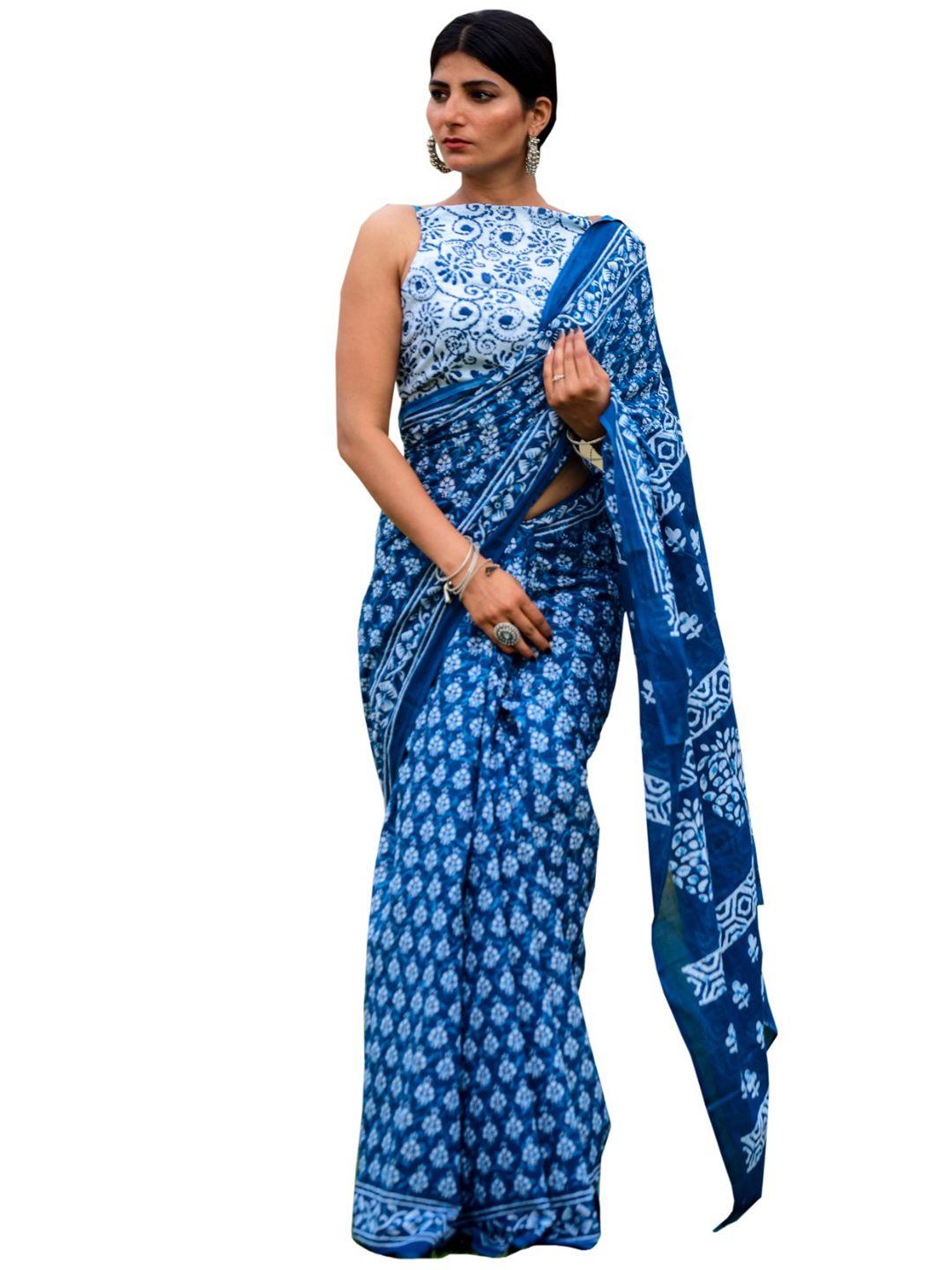 kiaaron blue & white ethnic motifs pure cotton block print saree