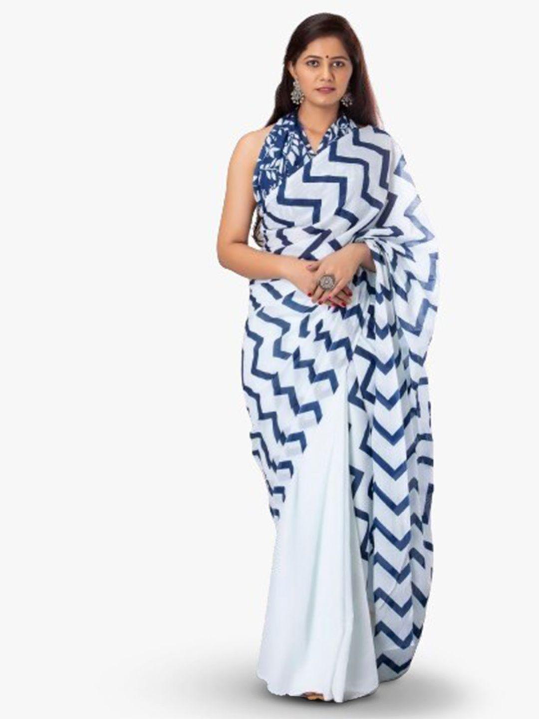 kiaaron blue & white pure cotton block print saree