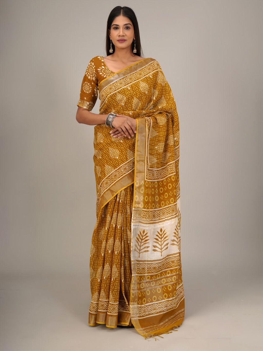 kiaaron ethnic motifs printed zari cotton saree
