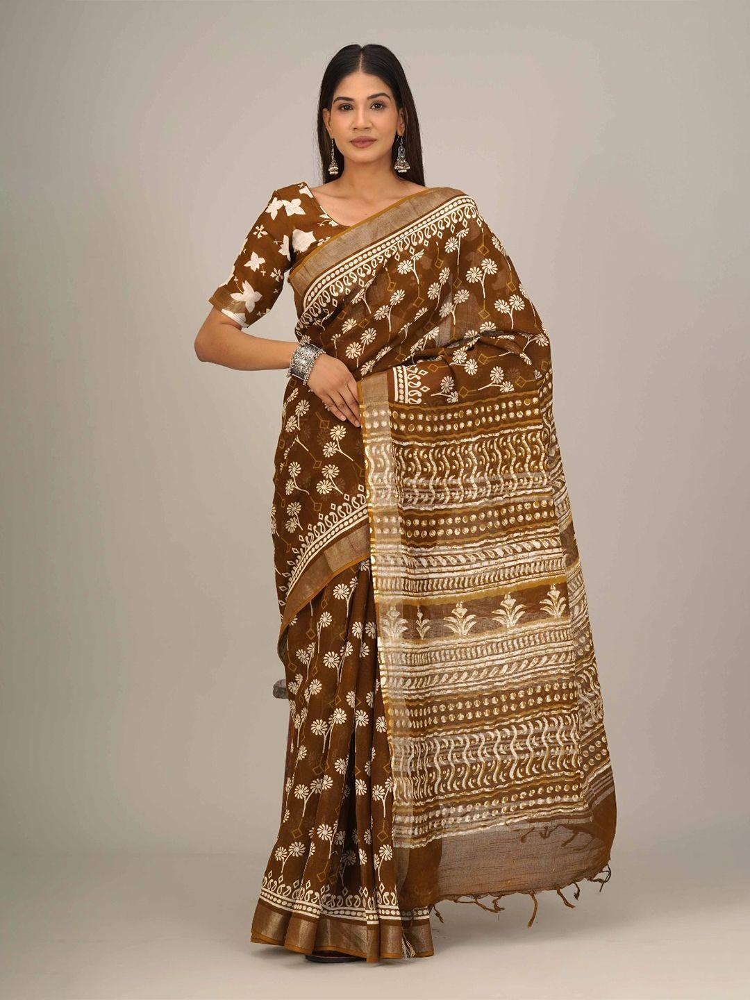 kiaaron ethnic motifs zari linen blend block print saree