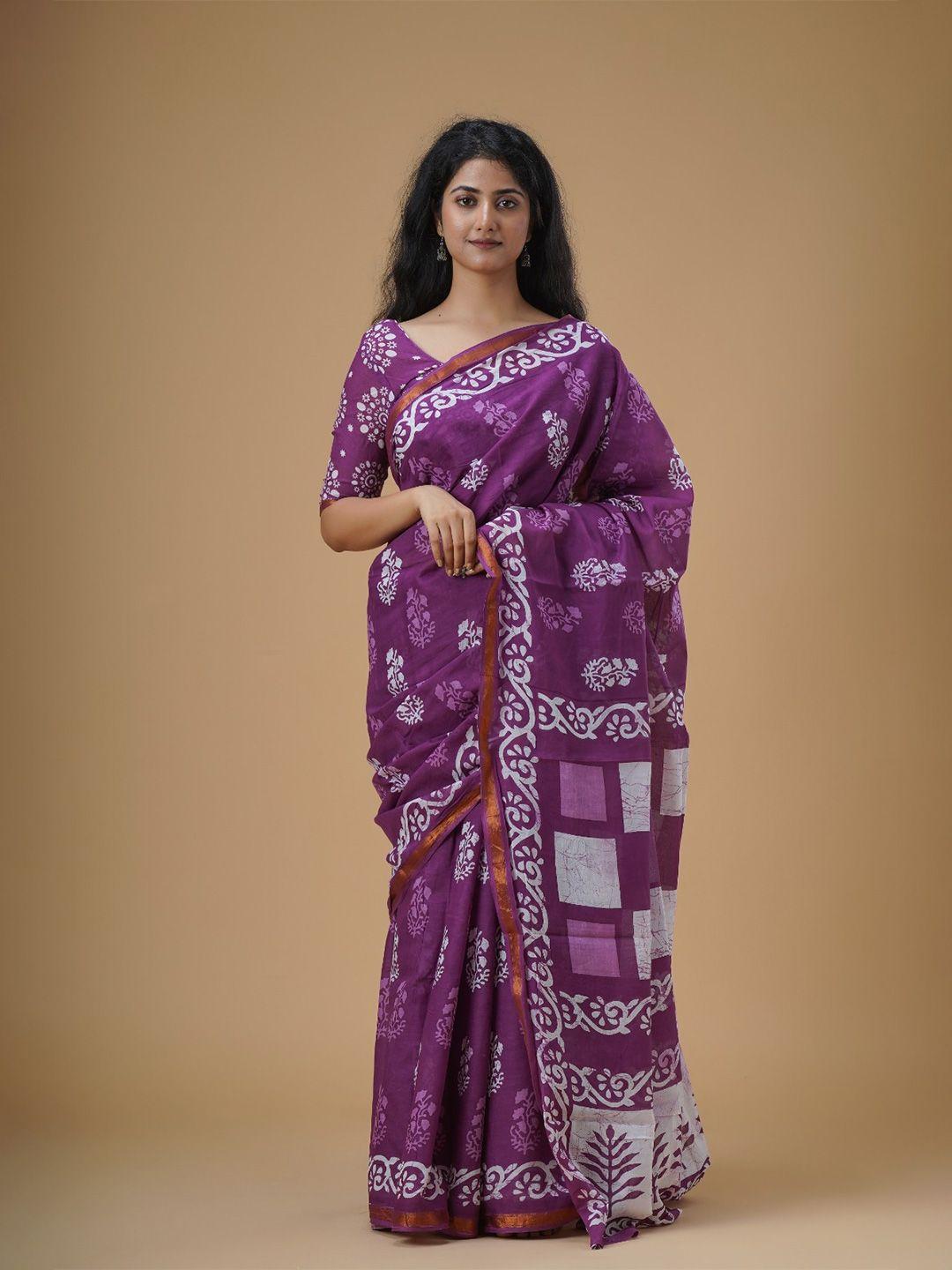 kiaaron ethnic motifs zari pure cotton block print saree