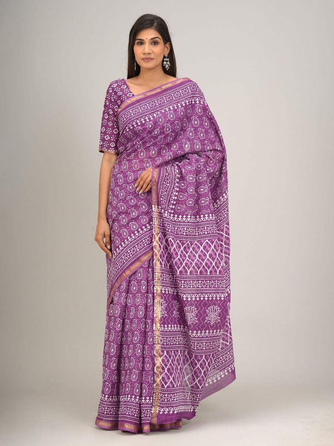 kiaaron ethnic motifs zari pure cotton block print saree