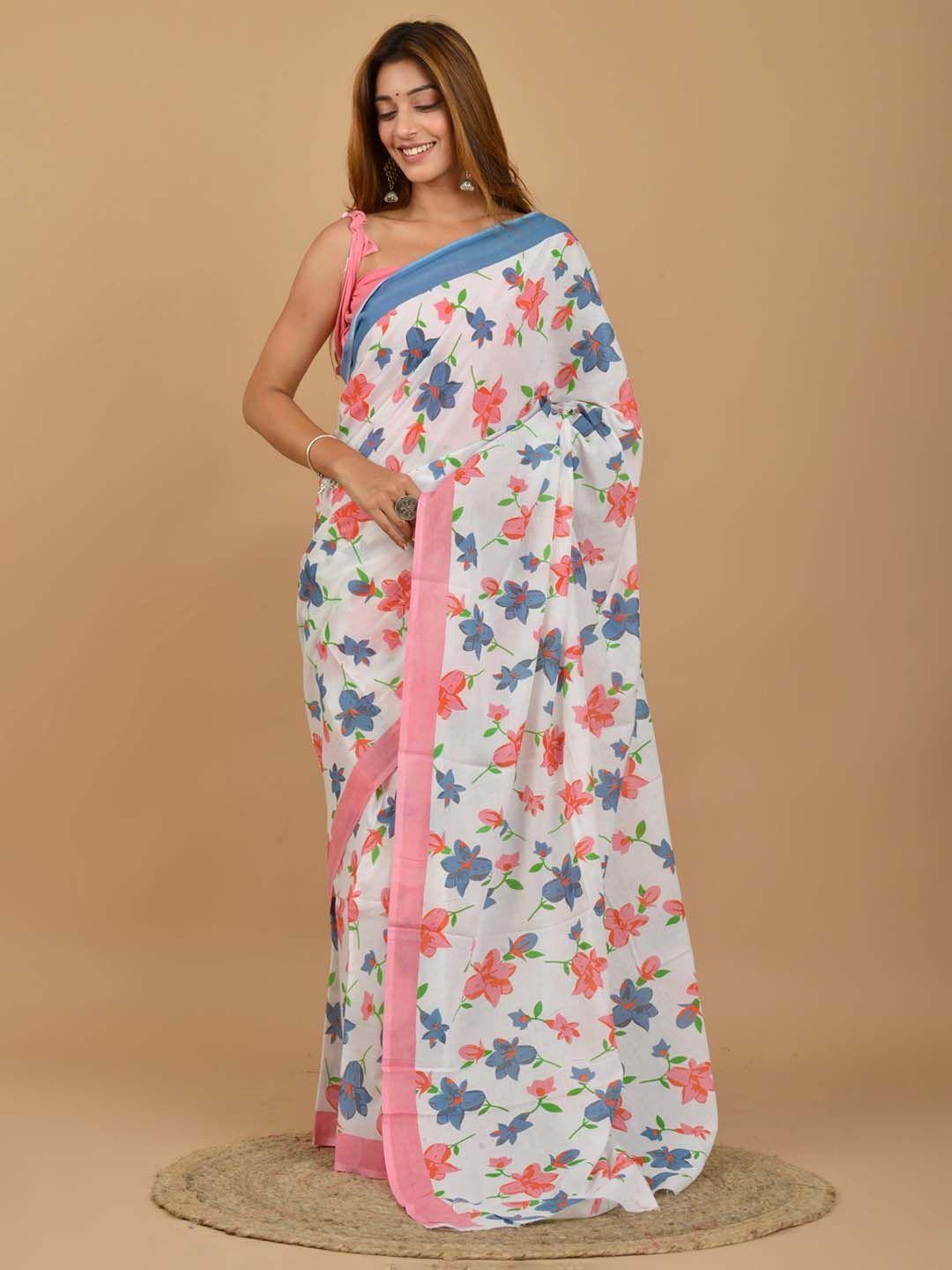kiaaron floral pure cotton block print saree