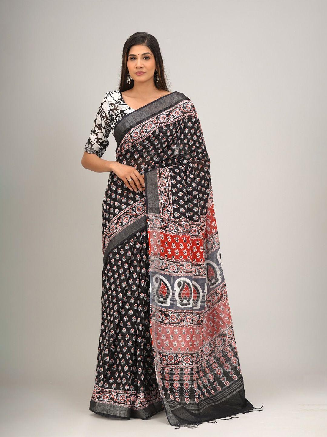 kiaaron floral zari linen blend block print saree