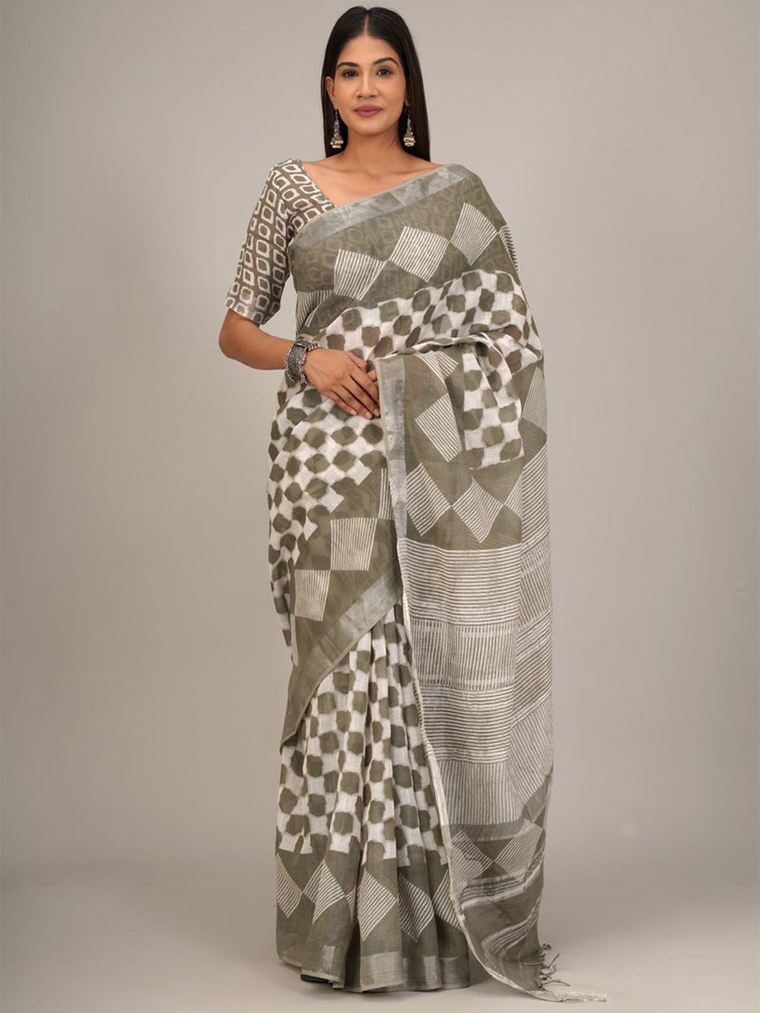 kiaaron geometric printed zari handloom cotton saree