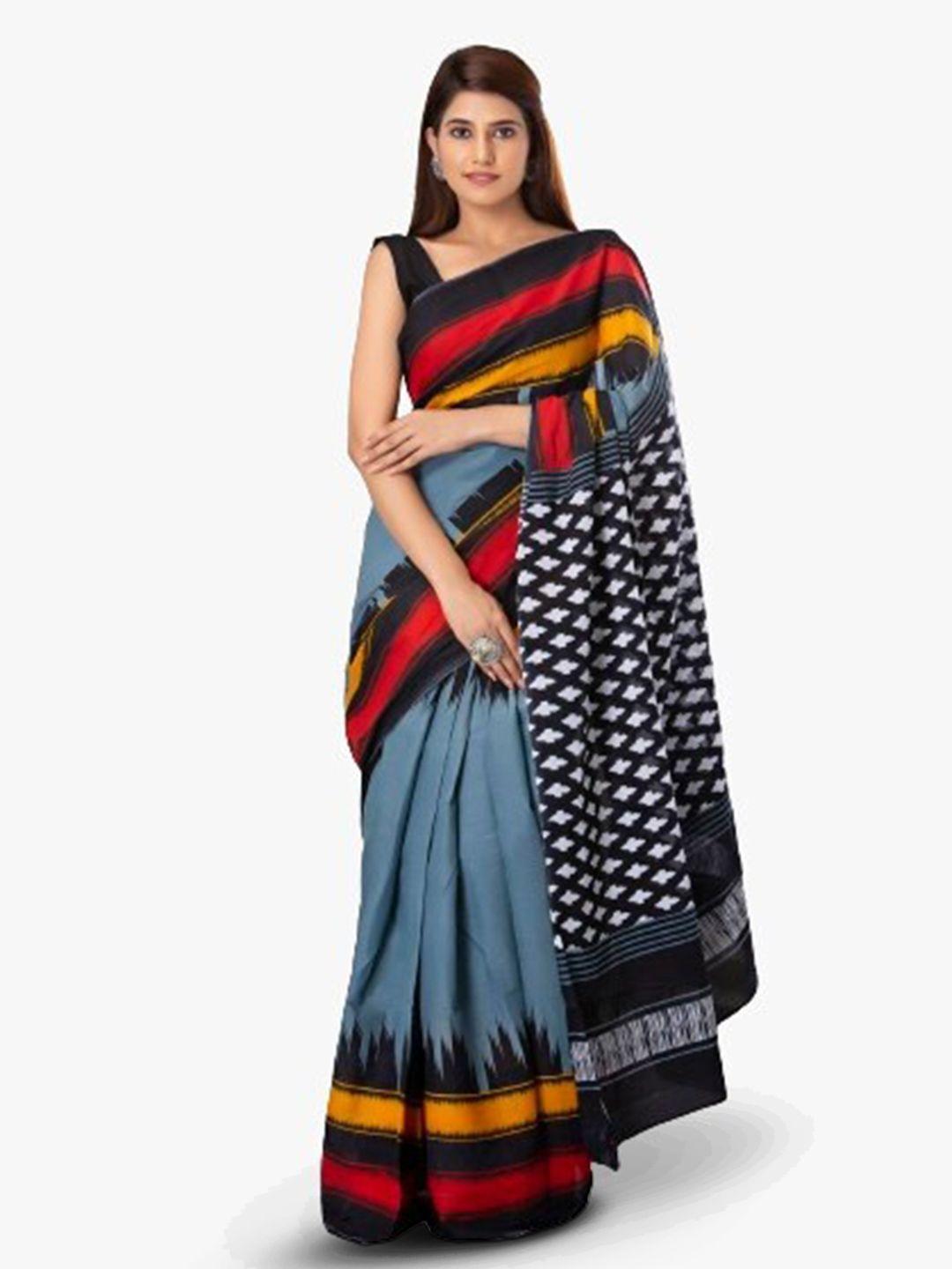 kiaaron grey & red pure cotton block print saree